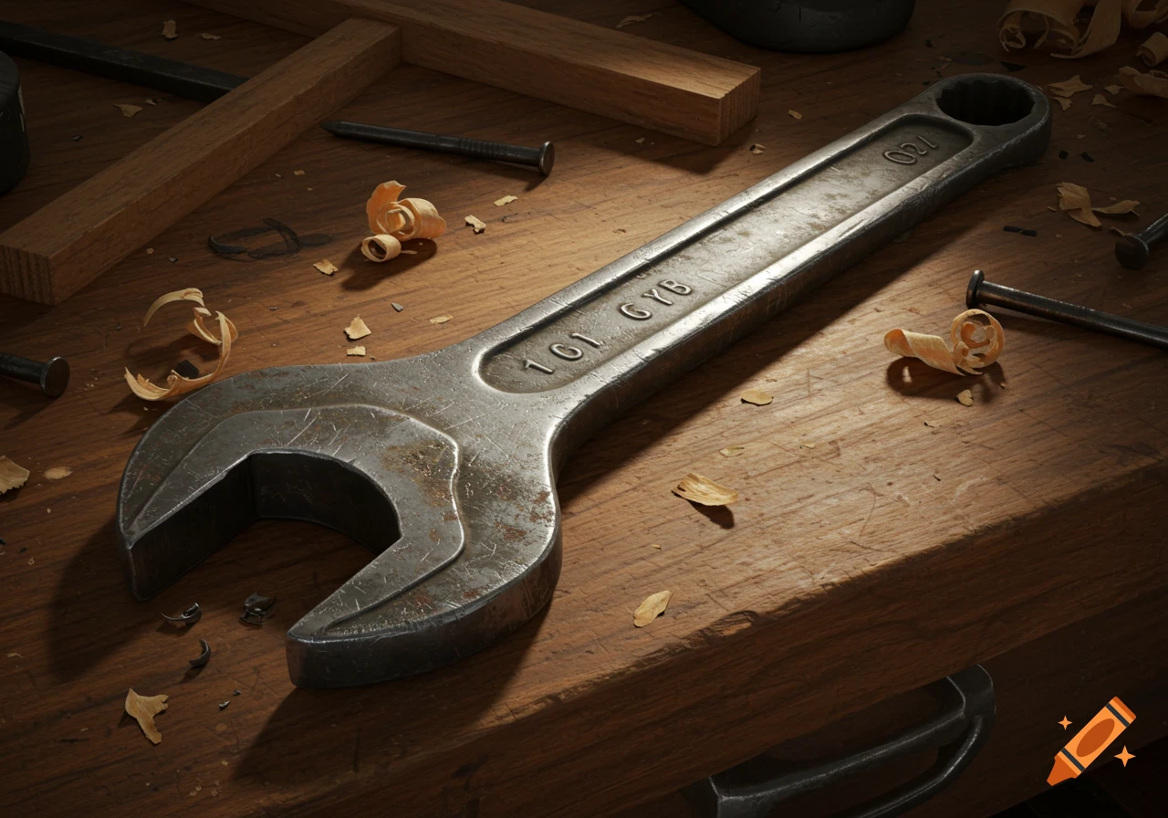 A used metal wrench, wood shavings, and nails on a rustic wooden workbench, photorealistic.