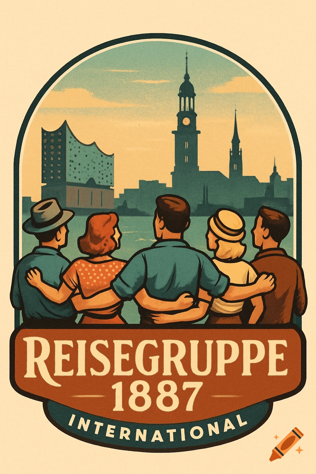 Vintage travel poster showing five people from behind, arm in arm, looking at the Hamburg skyline. Text: 'Reisegruppe 1887 International'.