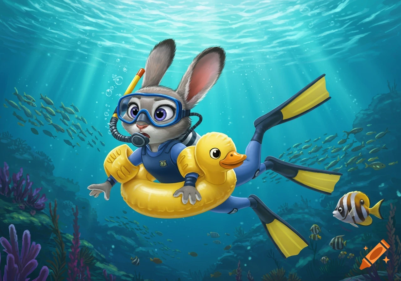 Judy Hopps from Zootopia scuba diving underwater with a yellow ducky ...