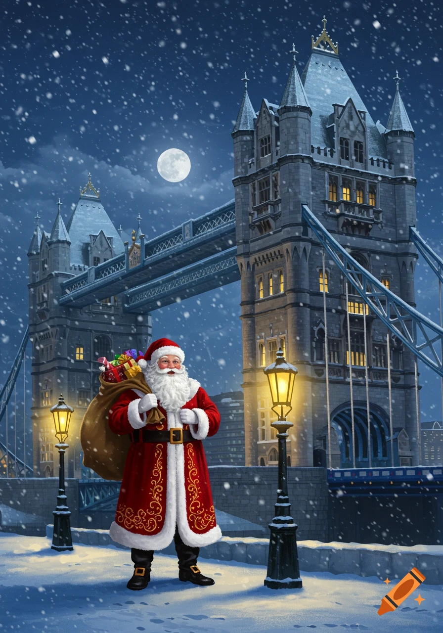 Santa Claus stands on a snow-covered street at night, holding a sack of gifts, with London's Tower Bridge in the background.