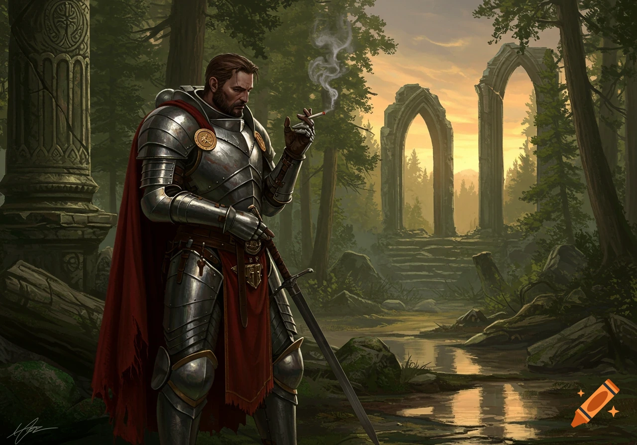 A solemn knight in shining armor and a red cape smokes a cigarette in a mystical forest with ancient stone arches at sunset.