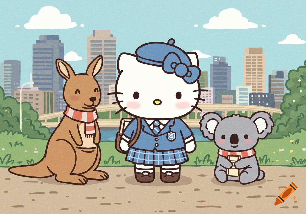 Hello Kitty in a blue uniform stands with a kangaroo and a koala in a kawaii cartoon style, with a city skyline in the background.