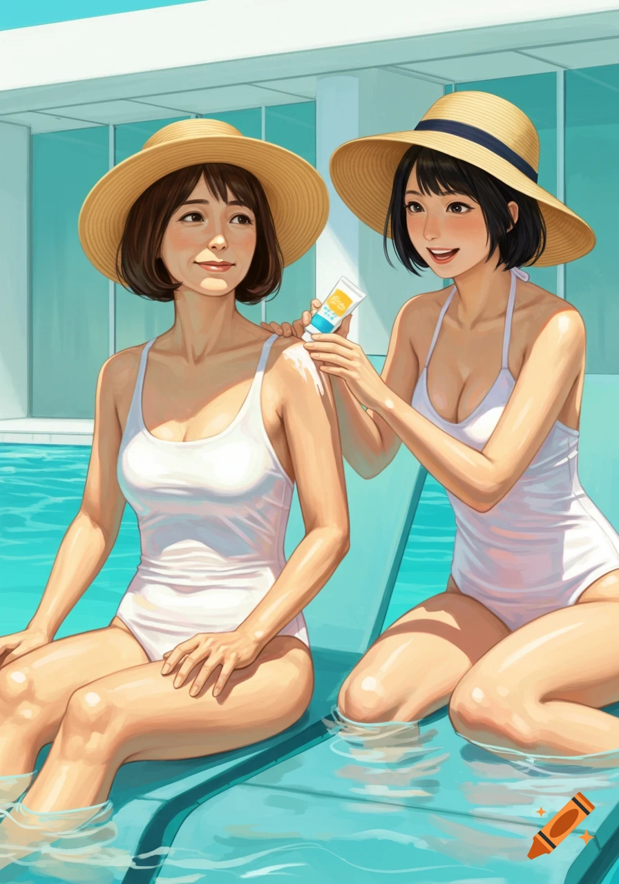 Two anime-style women in swimsuits and sun hats by a resort pool; one applies sunscreen to the other's shoulder.