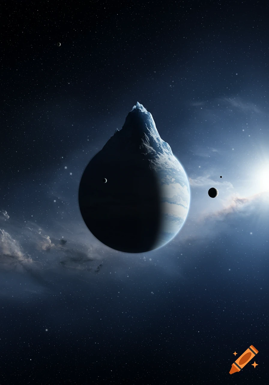 A large planet with a jagged, icy mountain peak on top, orbiting in a star-filled space with smaller moons and a bright sun.