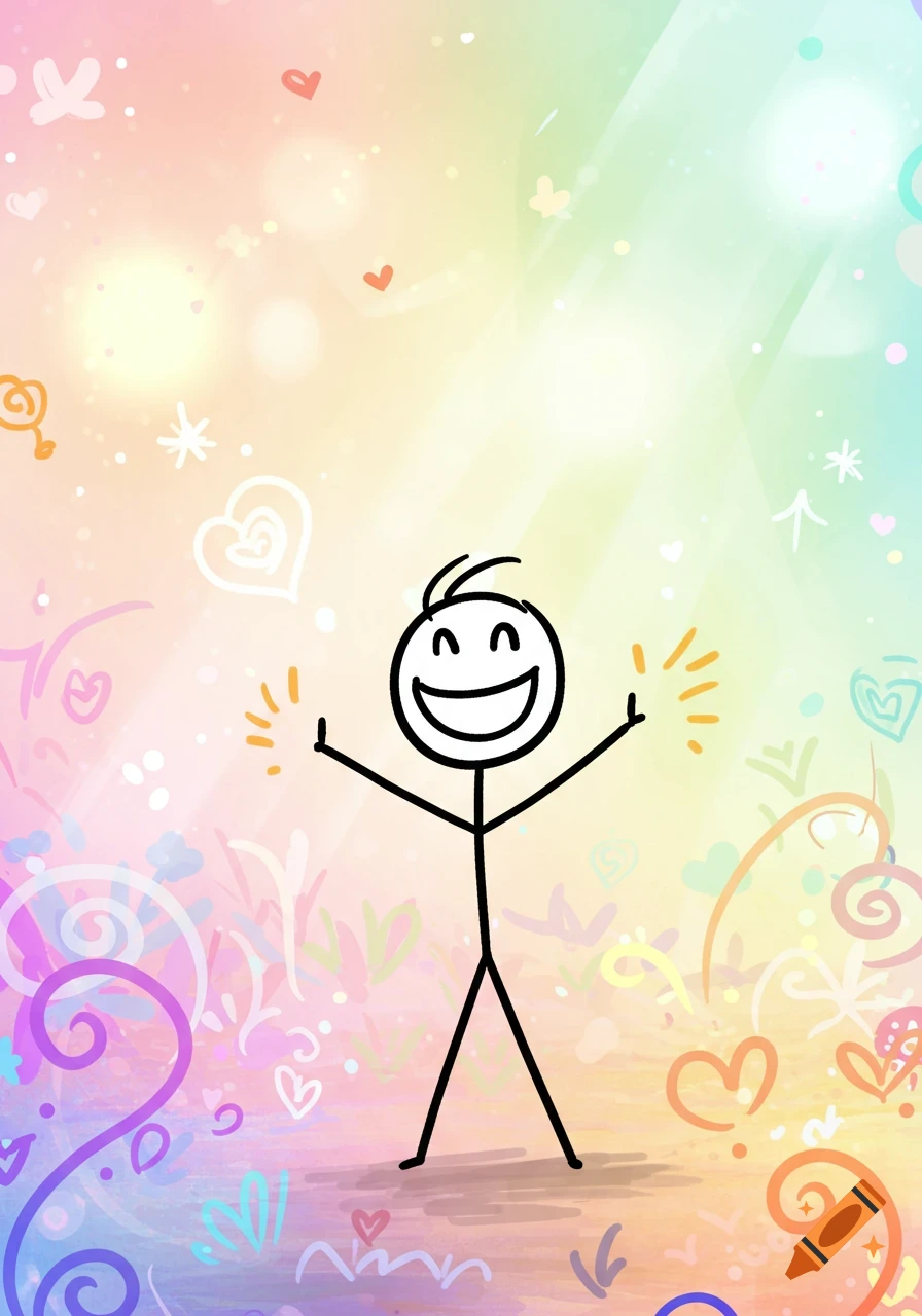 A happy black stick figure with a huge smile and raised arms stands on a colorful pastel background with hearts and sparkles.