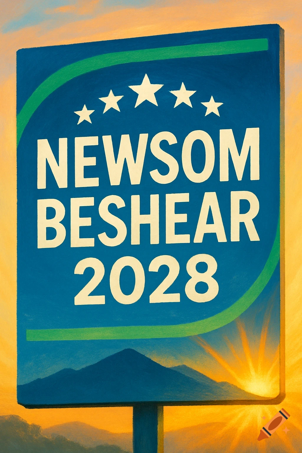 A blue political campaign sign for 'NEWSOM BESHEAR 2028' with five white stars, against a sunset landscape with mountains.