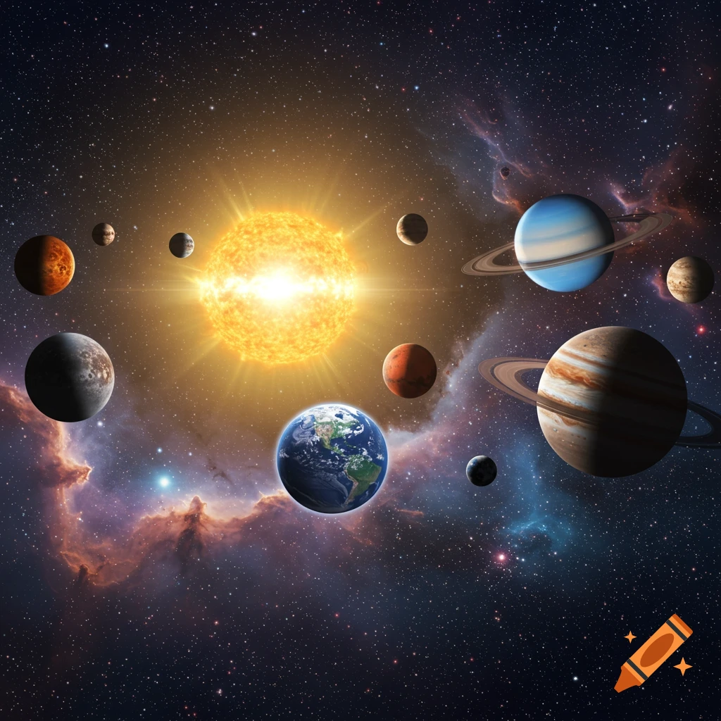 The Sun glows brightly, surrounded by planets and dwarf planets in a vibrant starfield and nebula.