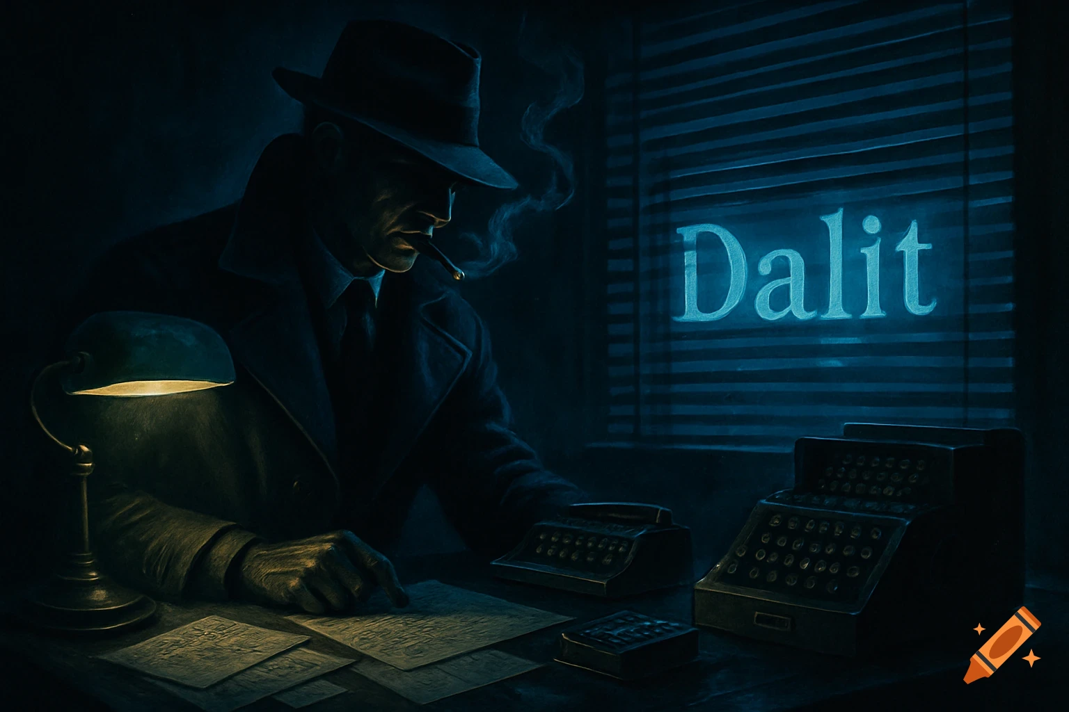 Noir-style detective in a fedora smoking at a desk with papers. The word "Dalit" glows blue in the background.