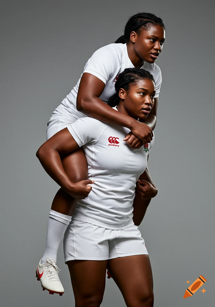 Two photorealistic female rugby players in white uniforms, one carrying her teammate on her shoulders against a grey background.