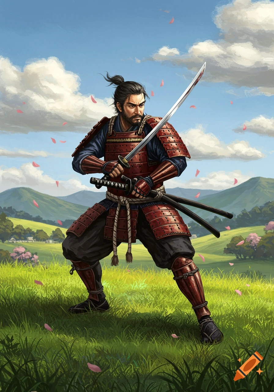 A bearded Japanese samurai in red armor stands in a green field, holding a katana with a bloody tip under a blue sky.