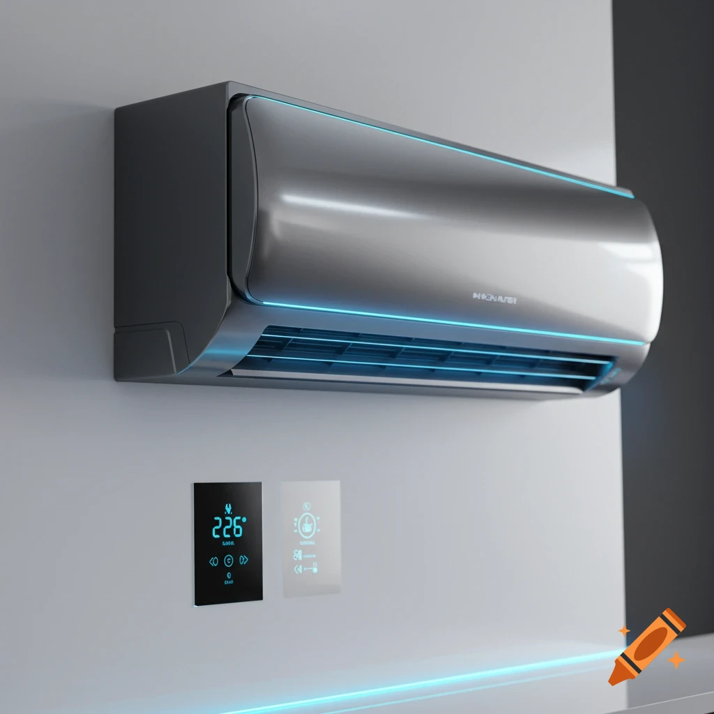 A sleek, modern gray air conditioner with glowing blue light accents, mounted on a white wall above a digital control panel.