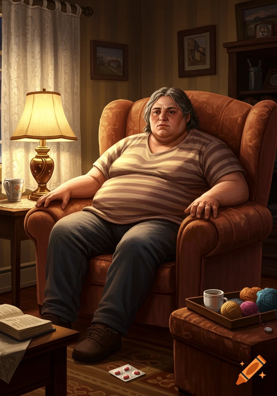 An overweight, solemn person sits in a living room armchair with pills on the floor and knitting supplies, in an illustrated style.
