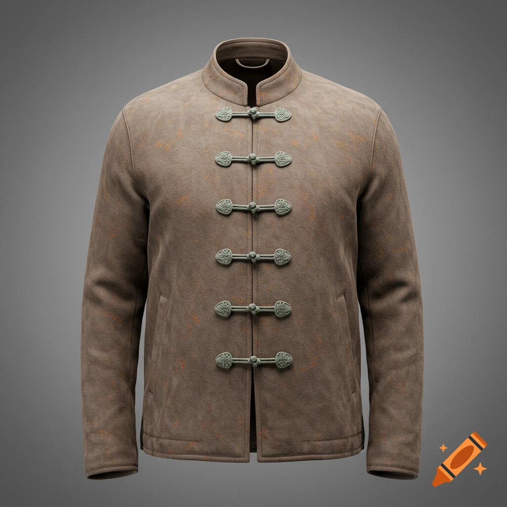 A beige suede-textured jacket with a mandarin collar and six ornate sage green frog button clasps down the front, displayed on a neutral gray background.