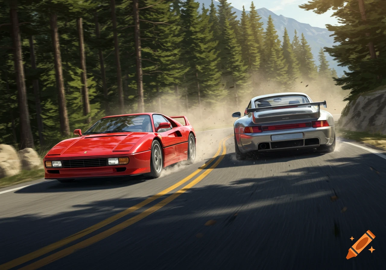 A red Ferrari F40 and a silver Porsche 911 speed along a dusty mountain road through a forest.