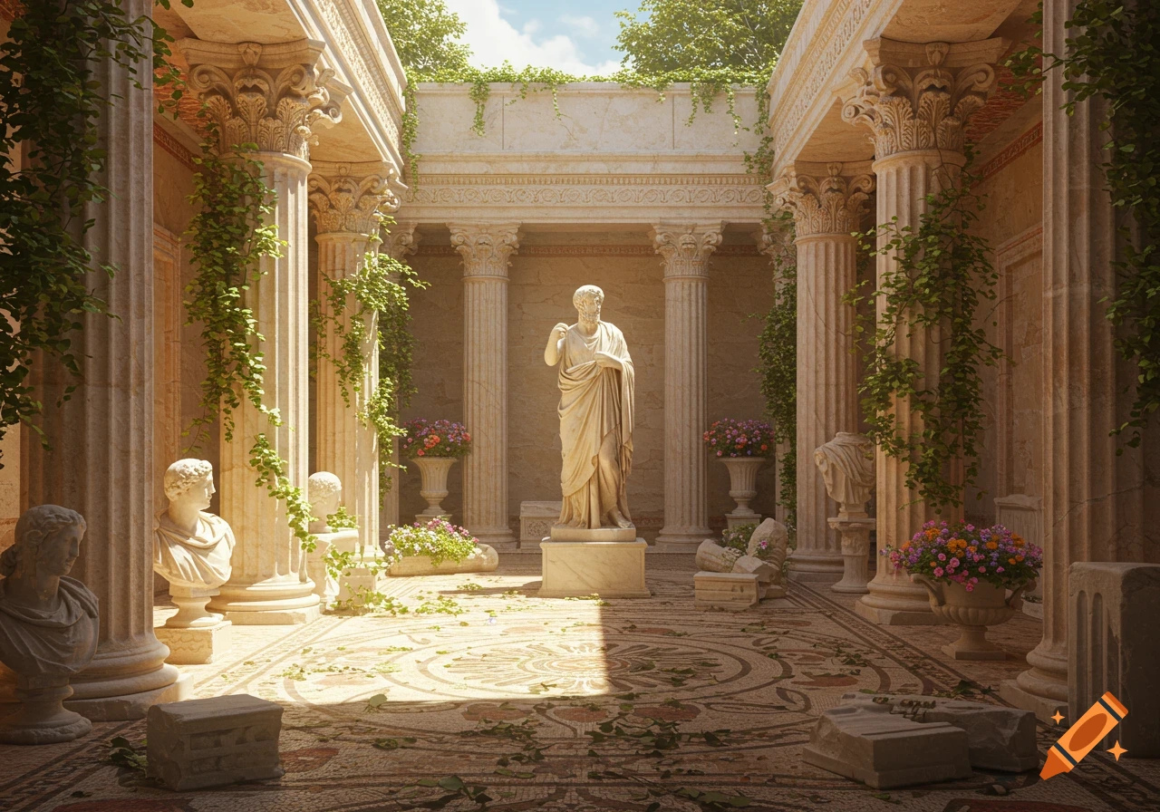 A sunlit ancient Greek or Roman courtyard with ornate columns, statues, a patterned mosaic floor, and climbing ivy.