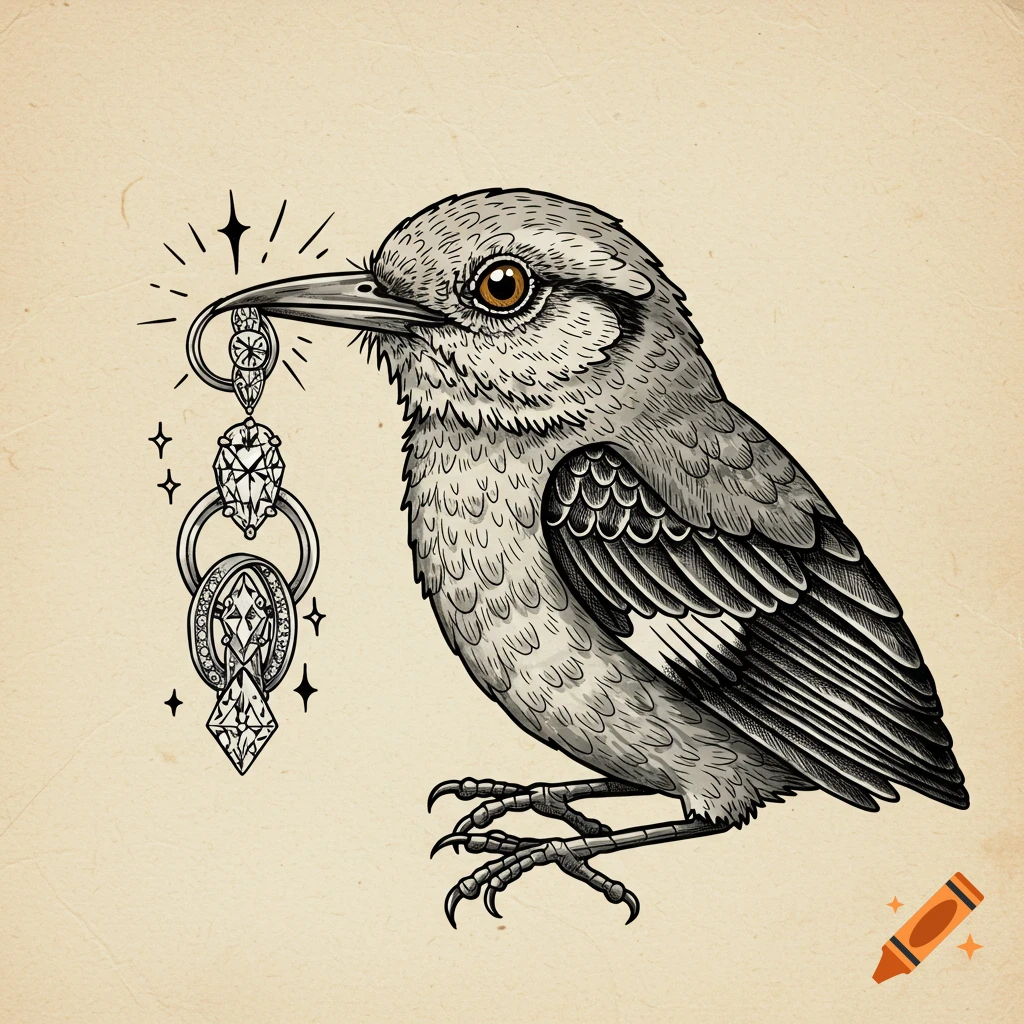 Tattoo style illustration of a mockingbird holding a string of diamond rings in its beak.