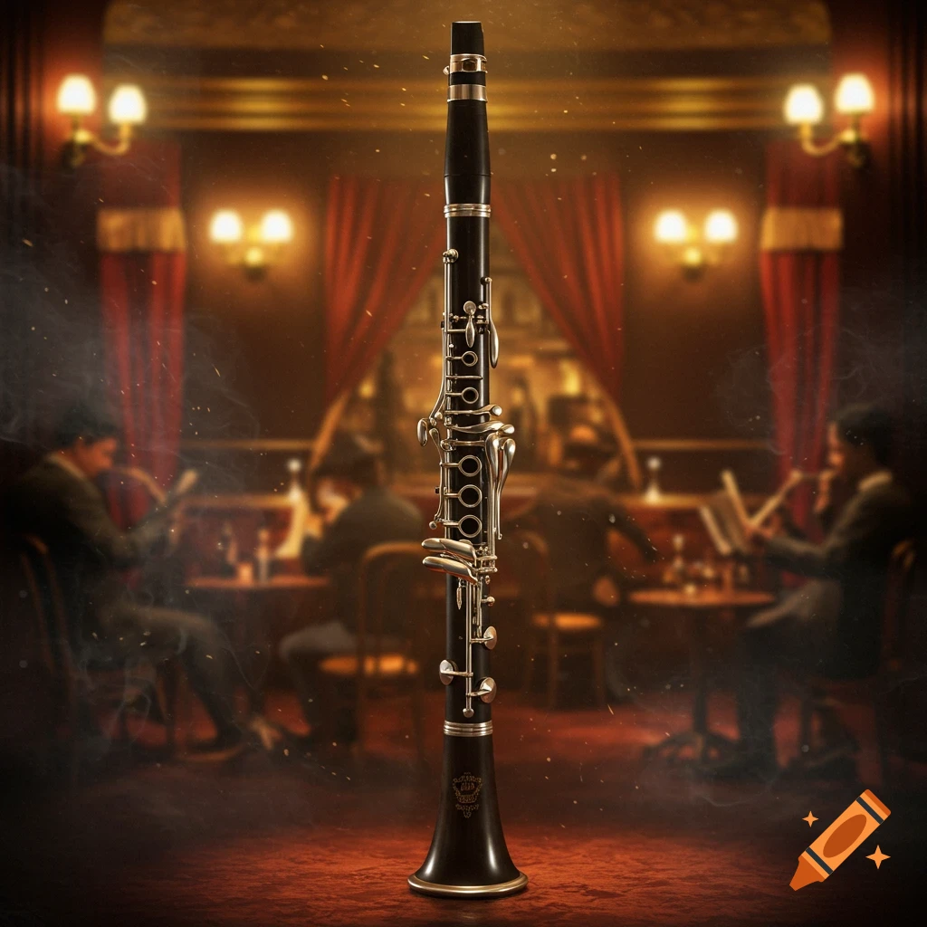 A detailed clarinet stands upright in a dimly lit, smoky jazz club with blurred musicians and patrons in the background. Photorealistic style.