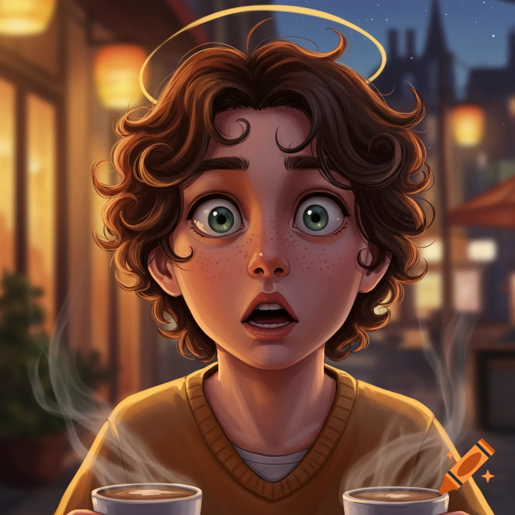 A wide-eyed, surprised cartoon character with curly brown hair and a halo holds two steaming cups in a nighttime street scene, digital art.