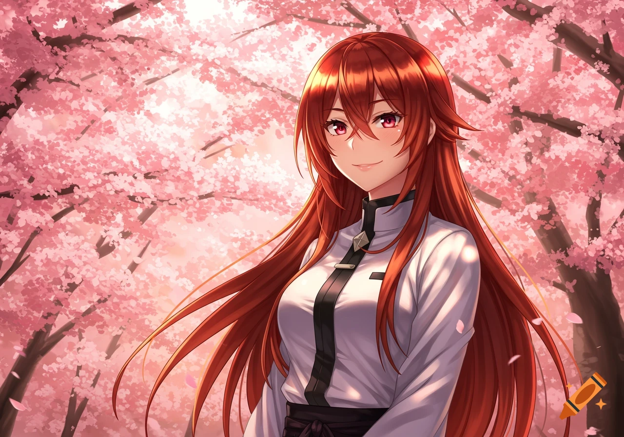 An anime girl with long red hair and red eyes, wearing a white shirt ...