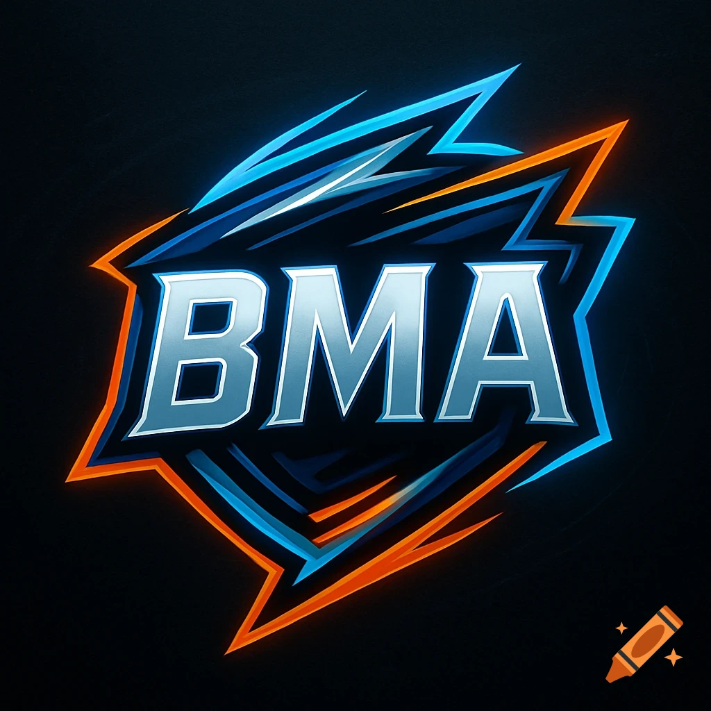 Esports logo featuring metallic silver letters 'BMA' with dynamic blue and orange lightning shapes on a black background.