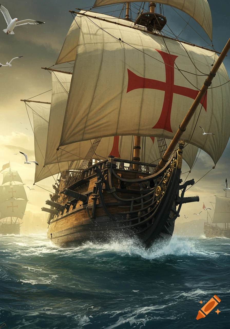 A large Spanish galleon with red-crossed sails sails on rough seas under a dramatic sky, with other ships in the distance.