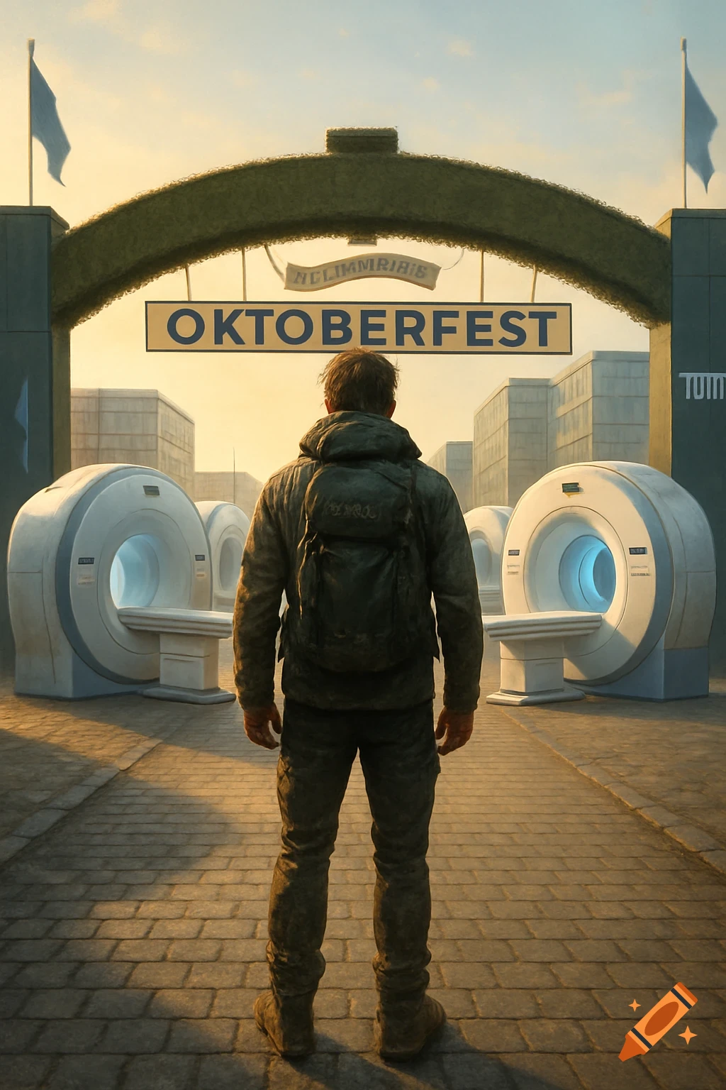 A man with a backpack stands facing a large archway sign that reads "Oktoberfest", flanked by MRI scanners, under a warm sunset sky.
