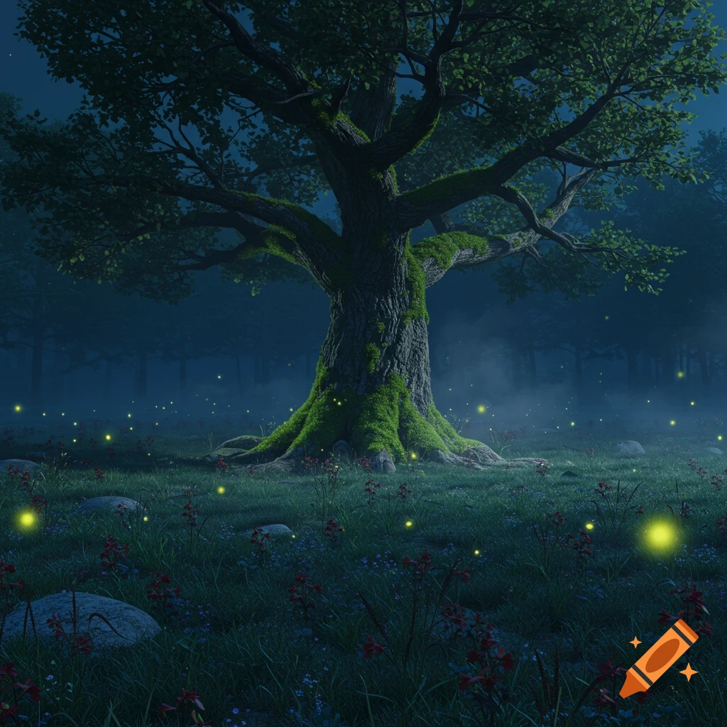 A mystical forest scene at night with a large, moss-covered tree and ...