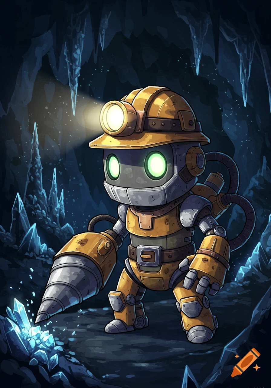 A cute anime-style mining robot with a headlamp and a drill arm stands in a dark cave with glowing blue crystals.
