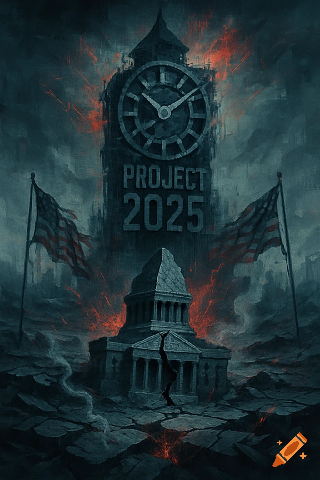 Dystopian digital art showing a crumbling Capitol, a clock tower with 'PROJECT 2025', and tattered American flags amidst a fiery, cracked landscape.