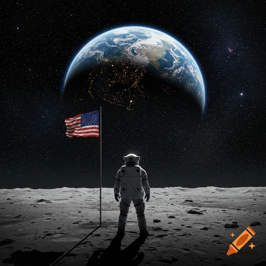 An astronaut stands on the moon with an American flag, looking at Earth in the starry sky.