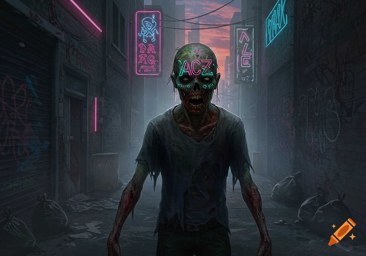 A cyber zombie with an ACZ tattoo and glowing eyes stands in a dark, neon-lit cyberpunk alleyway, surrounded by trash bags and graffiti.
