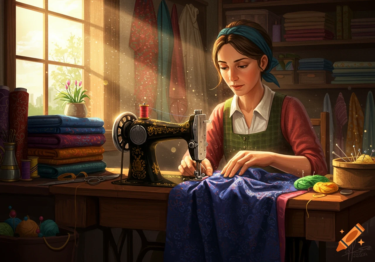 A woman intently sewing on a vintage machine in a sunlit workshop, surrounded by colorful fabrics and threads.