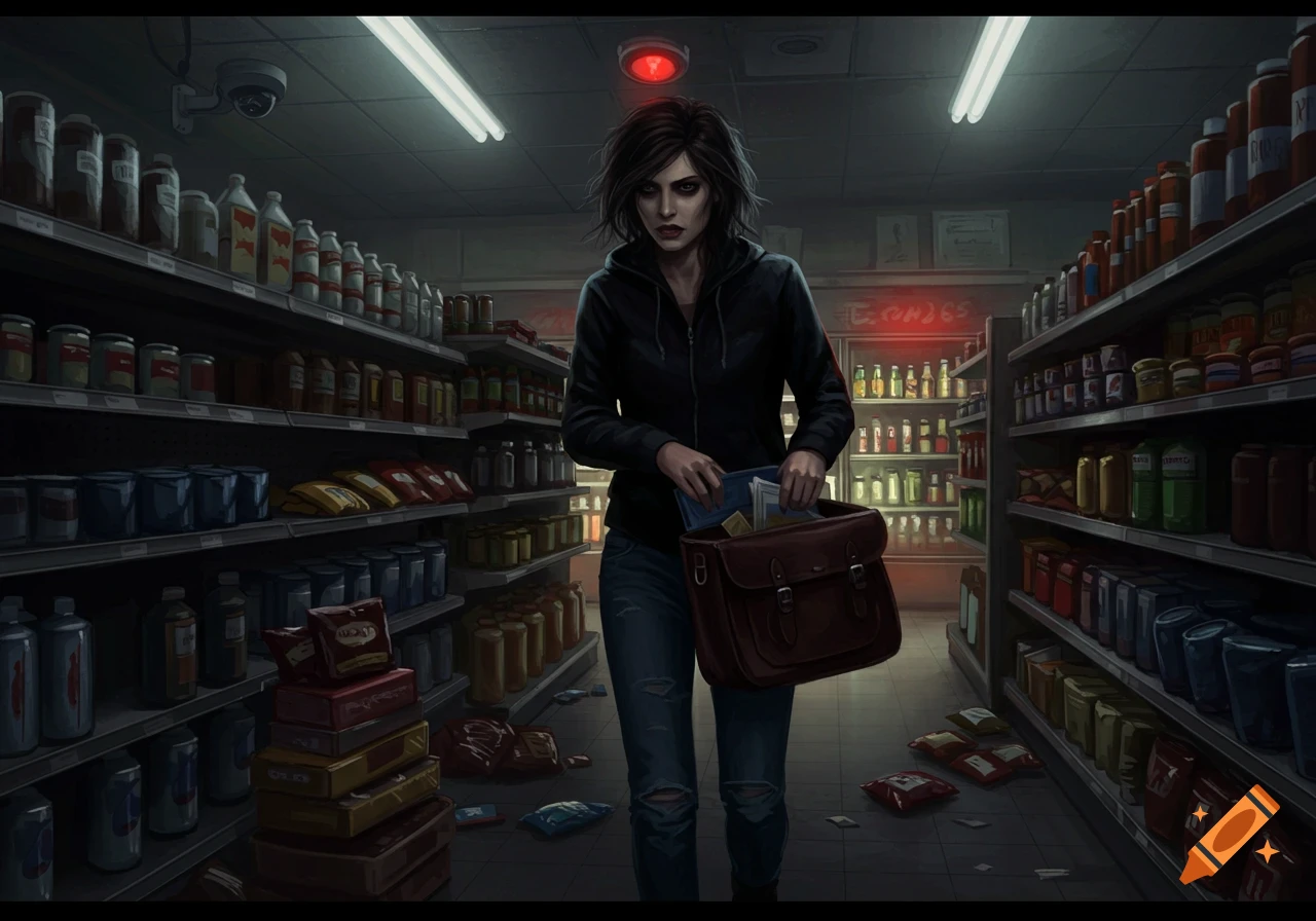 A woman with dark hair and a black hoodie puts items into a satchel in a dimly lit convenience store aisle, with products on shelves and floor.