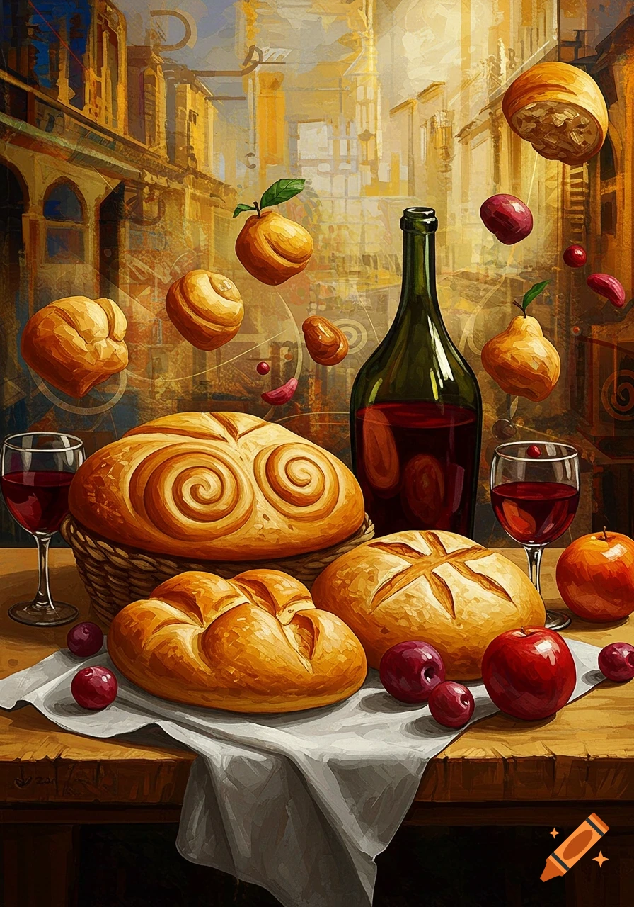 Modern art painting of a still life featuring bread loaves, a bottle of red wine, wine glasses, and various floating fruits set against an abstract architectural background.