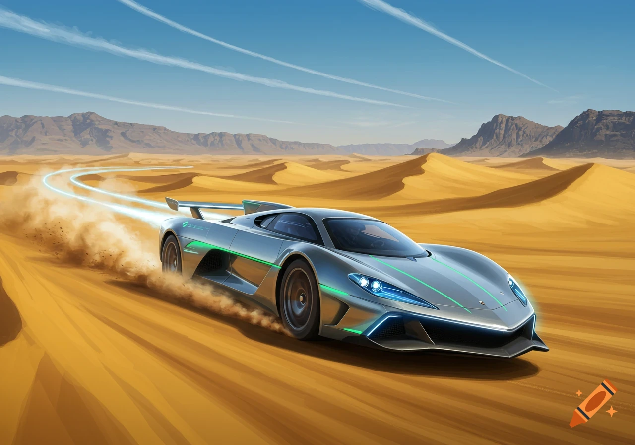 A futuristic silver sports car with green and blue glowing accents speeds through a golden desert, kicking up sand.