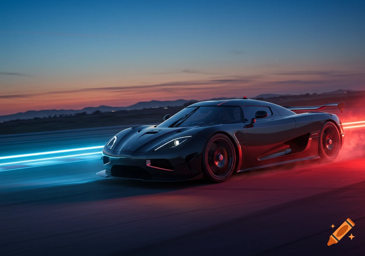 A dark gray Koenigsegg Agera R supercar speeds on a road at dusk, leaving blue and red light trails.