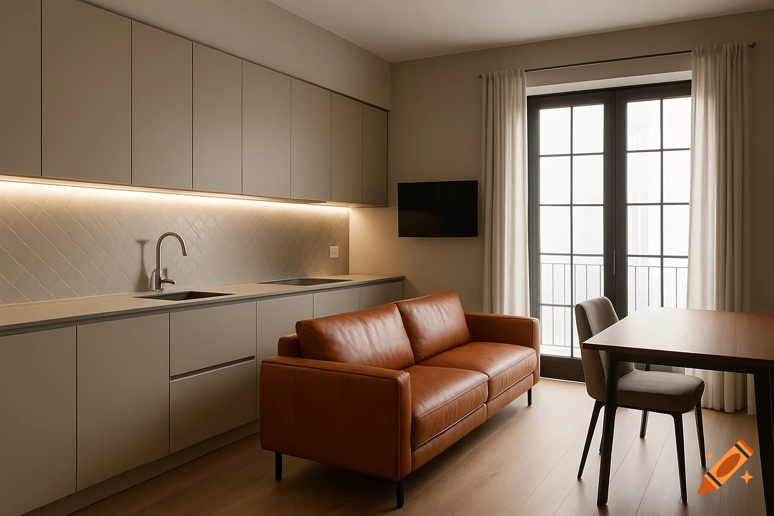 A modern, open-plan apartment featuring a beige kitchen, a brown leather sofa, and a dining area by a large window.
