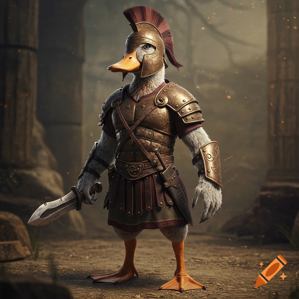 A proud humanoid duck soldier in bronze Roman armor with a Corinthian helmet and sword, standing among ancient ruins.