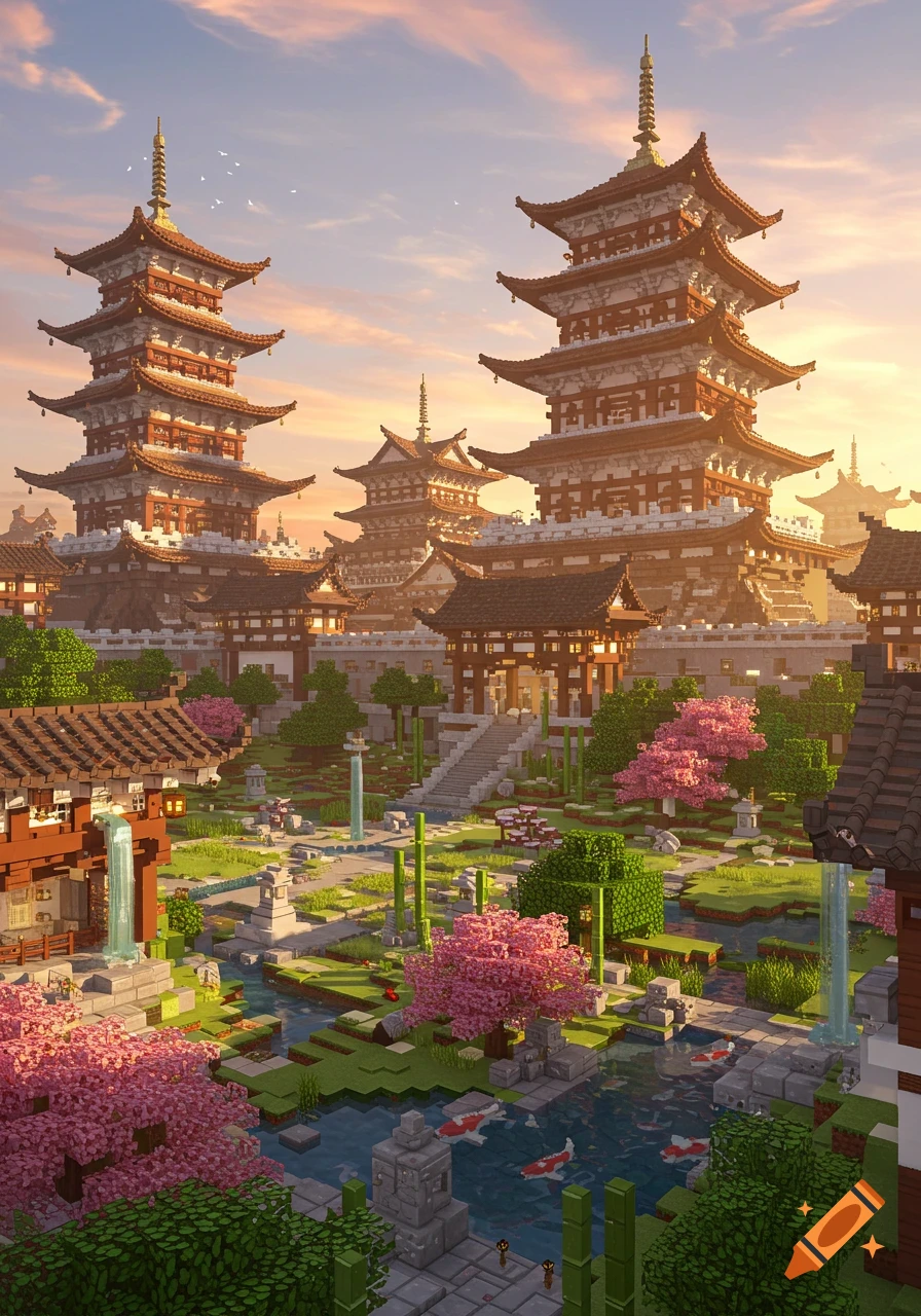A vibrant, blocky Minecraft-style rendering of a sprawling traditional Japanese complex with pagodas, temples, a lush garden, and koi pond at sunset.