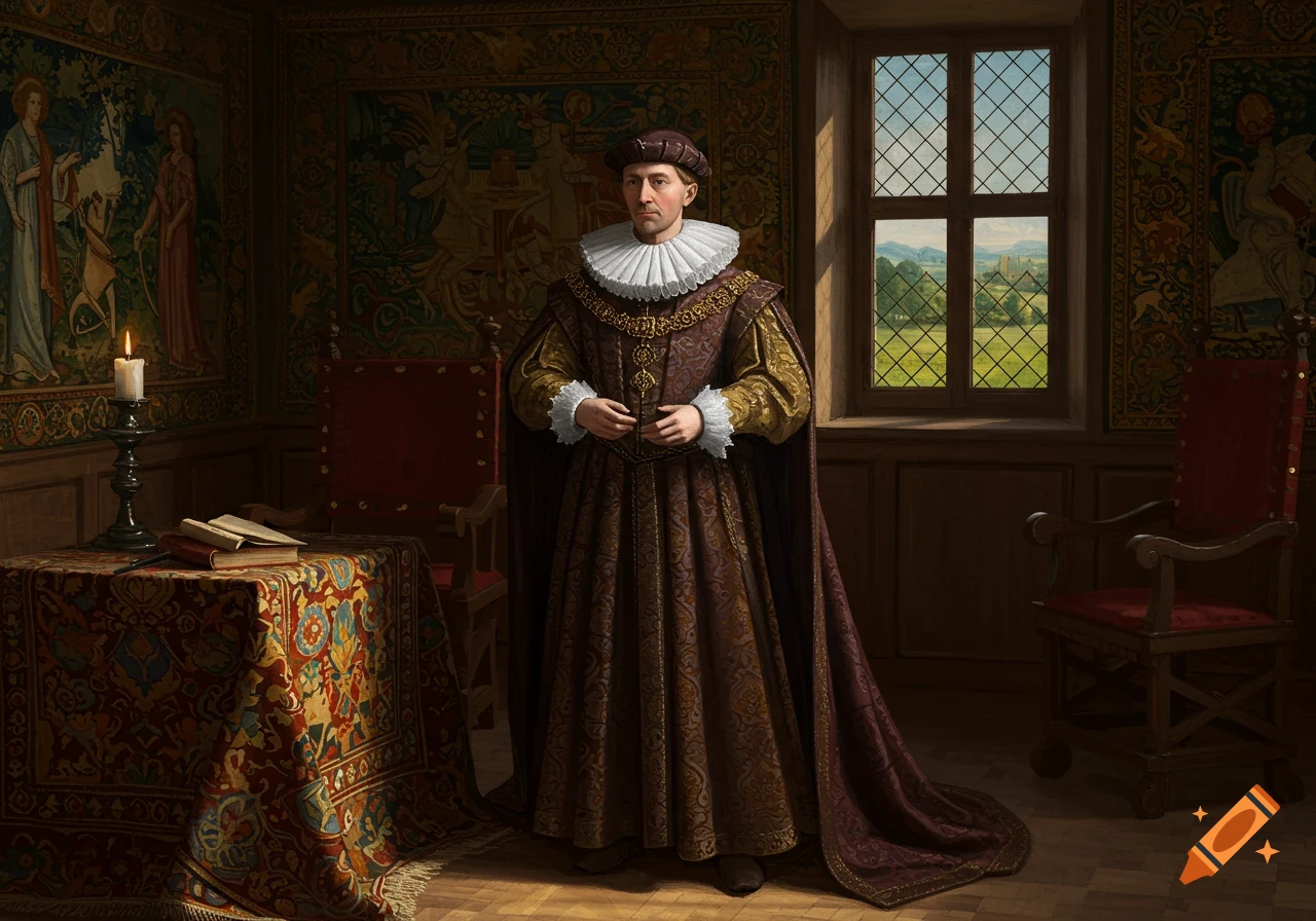 A man in elaborate 15th-century Flemish Renaissance attire stands solemnly in a richly decorated room with tapestries, like a classical painting.
