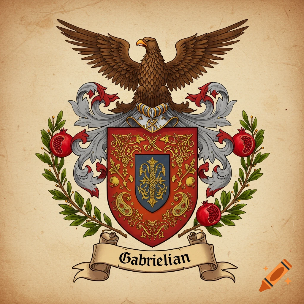 A detailed Armenian-style coat of arms featuring an eagle, a shield with intricate patterns, pomegranates, and a banner with 'Gabrielian'.