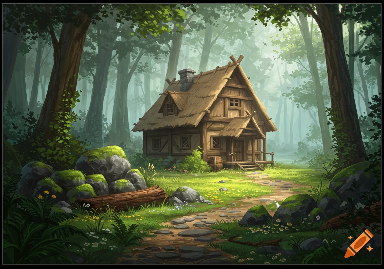A charming, rustic wooden house with a thatched roof nestled deep ...