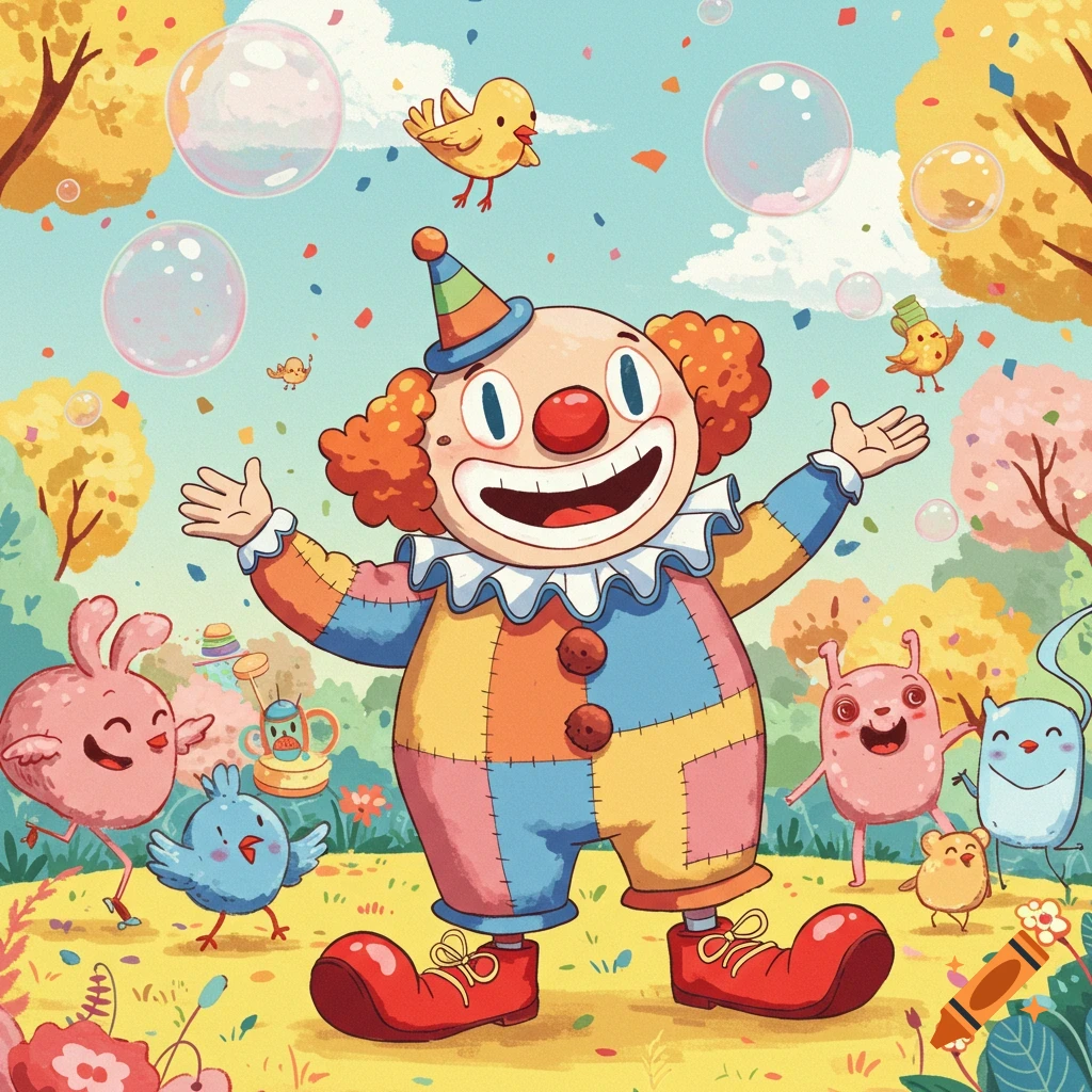 A cheerful cartoon clown with red hair and a patchwork suit stands arms wide amidst confetti, bubbles, and cute woodland creatures.