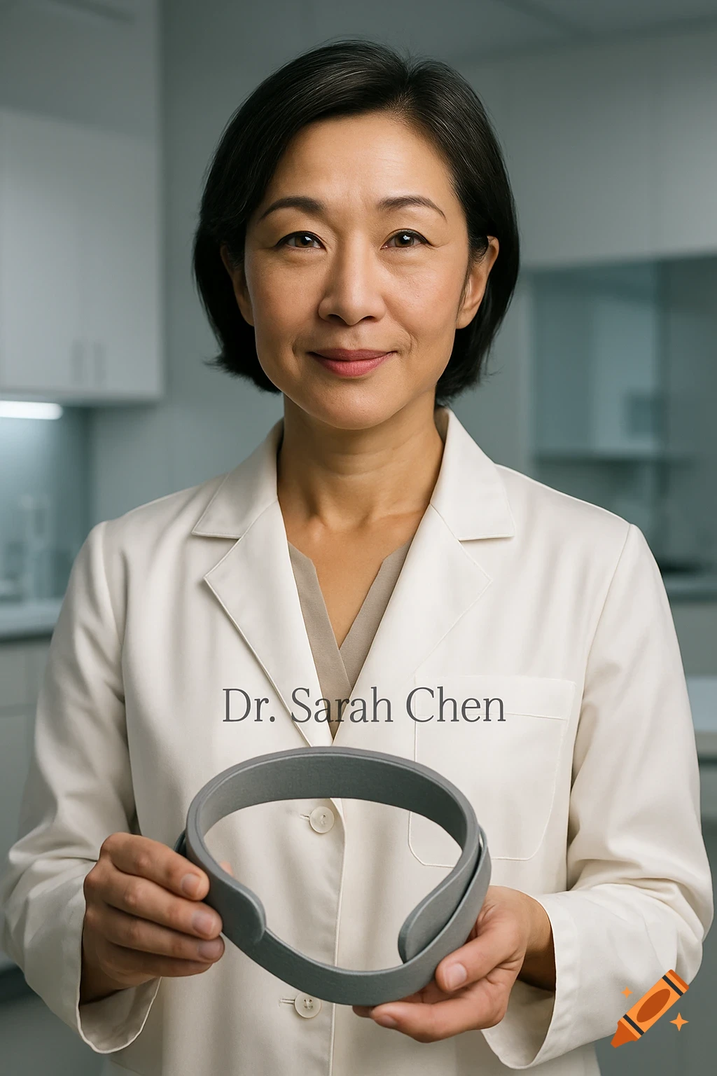 Photorealistic portrait of an Asian woman doctor in a lab coat, holding a gray headband device, in a clinic.