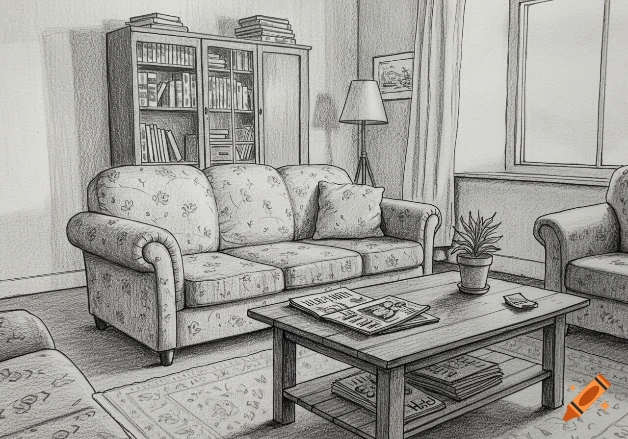 Pencil drawing of a cozy living room with a floral sofa, coffee table with magazines, a bookshelf, and a window.