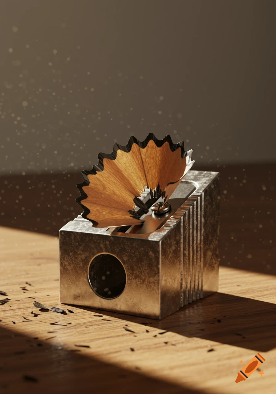 Photorealistic close-up of a metal pencil sharpener with a large wooden shaving on a wooden table, dust particles visible in sunlight.