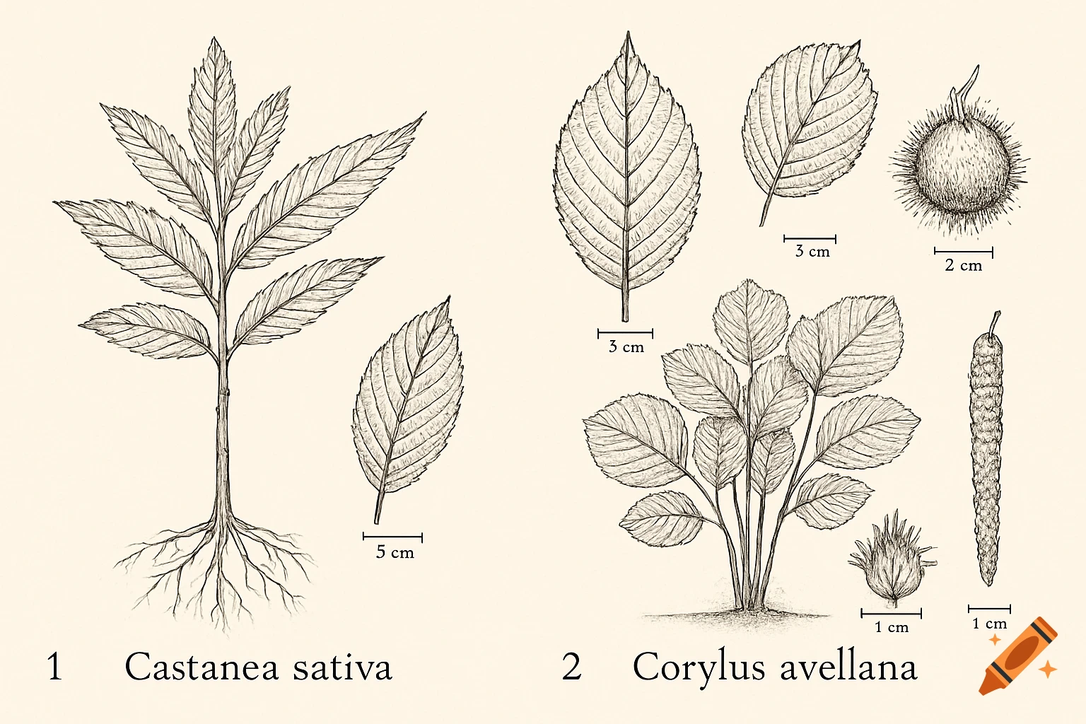 Two sections of scientific botanical illustrations, labeled 'Castanea sativa' and 'Corylus avellana', showing detailed line drawings of plant parts with scale bars.