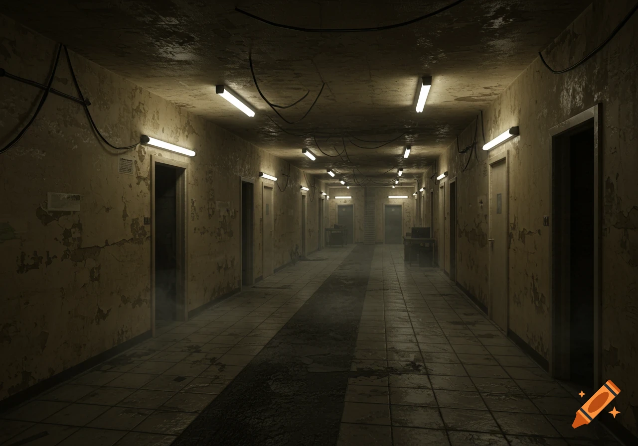 A long, dim, decaying hallway with fluorescent lights, peeling walls, and many doors, evoking a liminal space or the Backrooms.