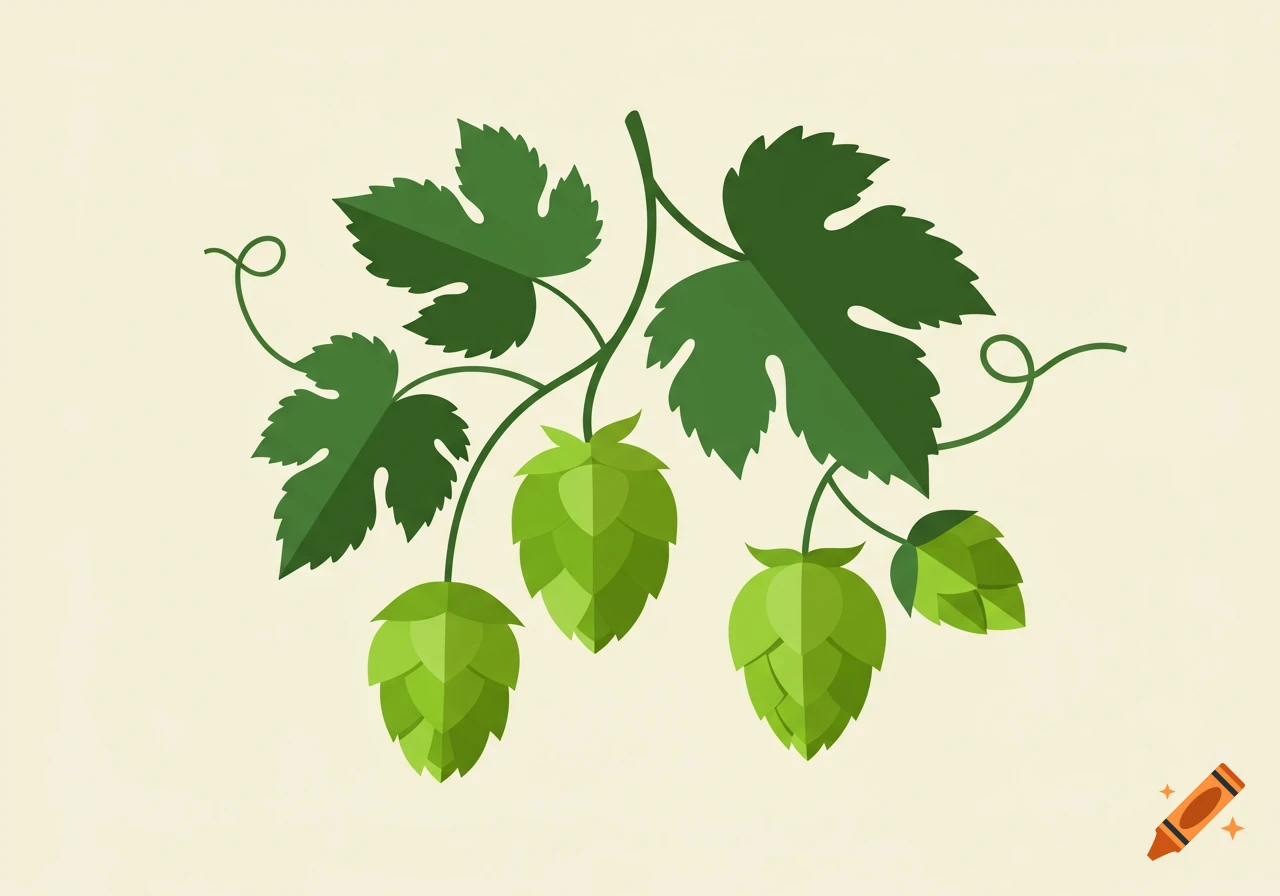 A flat design illustration of green hop leaves and cones dangling against a light background.