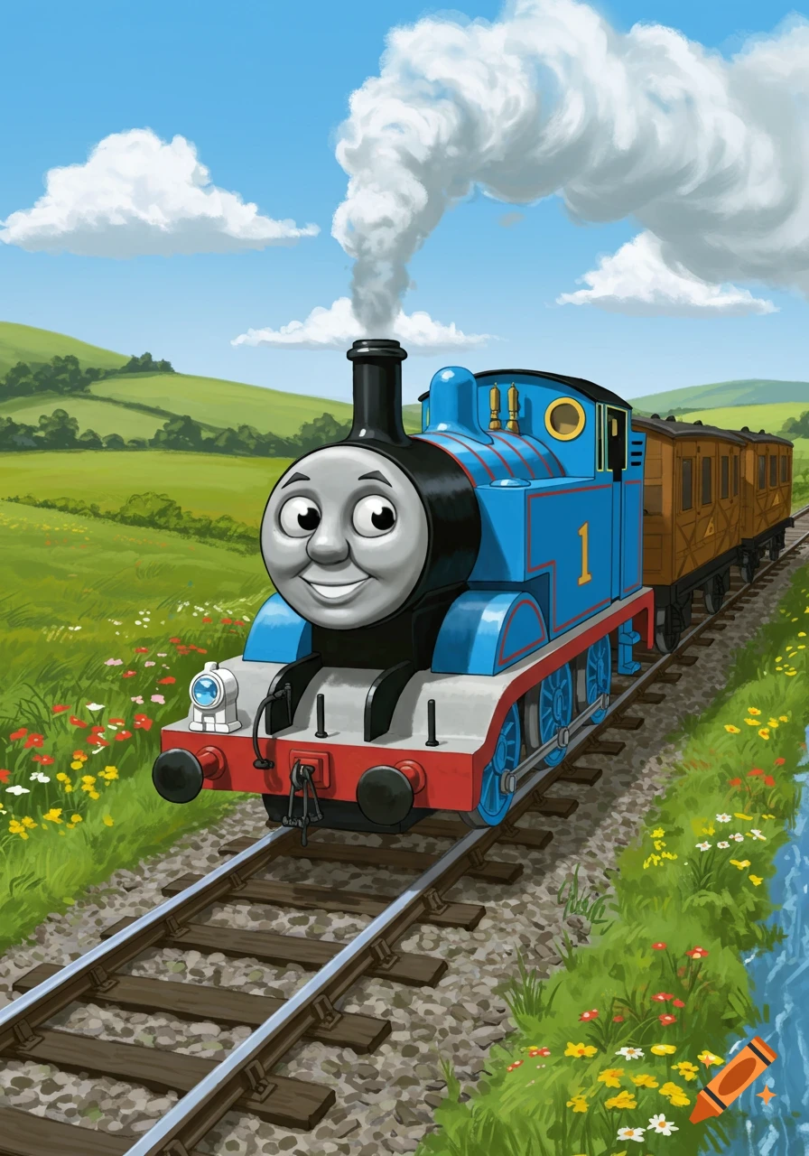 A blue cartoon train with a smiling face, Thomas the Tank Engine, emits smoke as it travels on tracks through a green, flowery field under a blue sky.